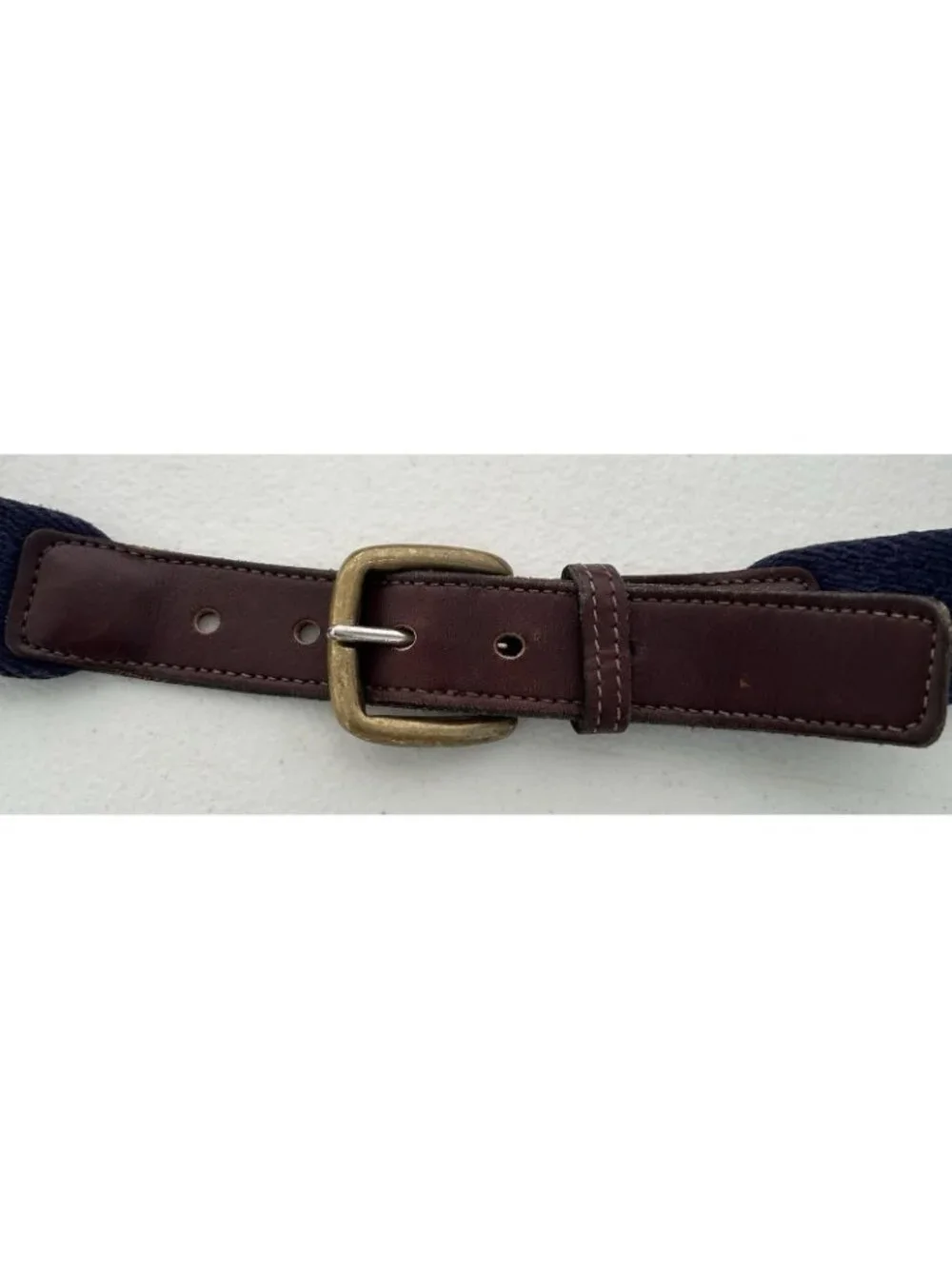 Vintage Navy Mahogany Webbed Leather Belt Netherlands Men’s Size 32 Brass Buckle